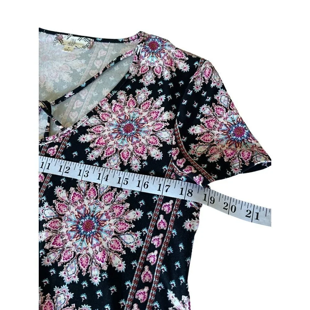 Pink Rose Dress Women's Size Large Short Sleeve Stretchy Black Pink Teal